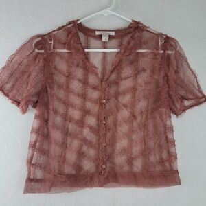Intuitions Sheer Mesh Ruffle Button Up Top Mauve Pink Short Sleeve Vintage Sz 6